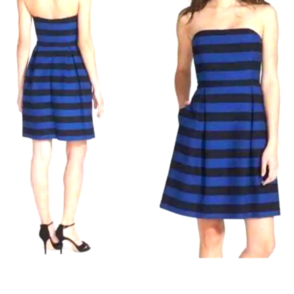 Trina Turk Stripe Textured Strapless Mini Dress Fit Flare 6 Black Blue Cocktail
